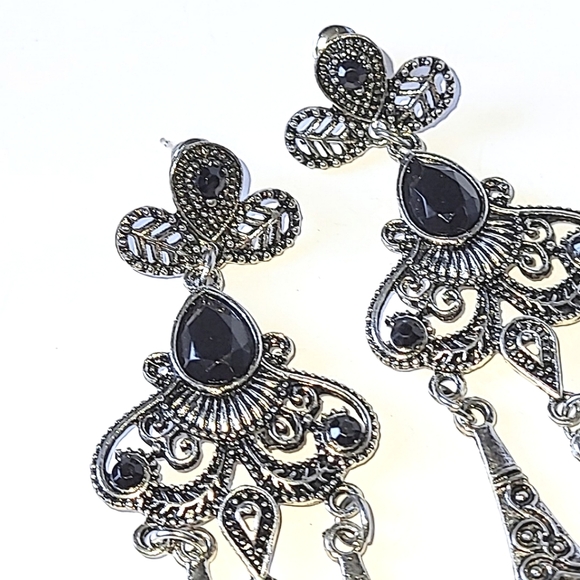 BLACK & SILVERTONE 3" LONG CHANDELIER STYLE EARRINGS - FOR PIERCED EARS - Picture 2 of 5